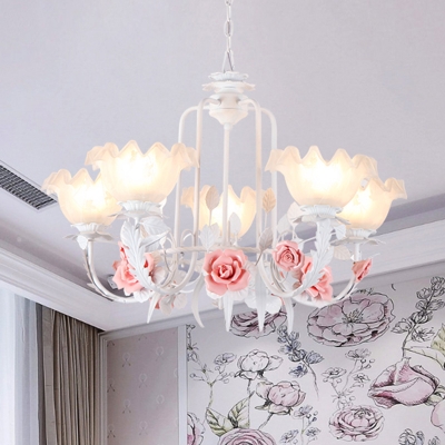 Rose White Glass Chandelier Light Countryside 5/7 Bulbs Living Room LED Pendant Lamp