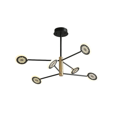 Round Cake Shape Chandelier Contemporary Metal 6/8 Heads Living Room Hanging Light Kit in Black with Linear Design