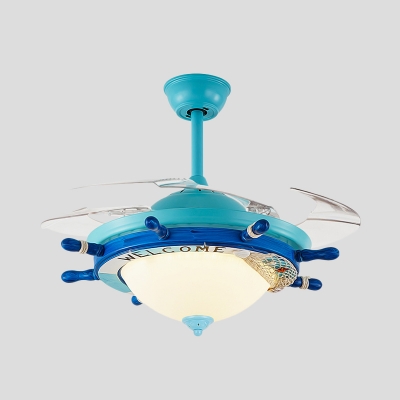 Rudder Acrylic Ceiling Fan Lamp Kids Bedroom 4 Clear Blades LED Semi Flush Mount Light in Blue with Wall/Remote Control, 36