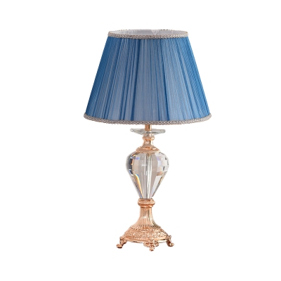 Shaded Desk Light Modern Fabric 1 Bulb Blue Table Lamp, Carved Gold Metallic Base