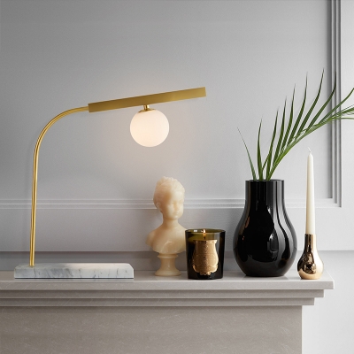 Sphere Milk Glass Table Light Minimalism 1 Head Gold Nightstand Lamp with Marble Base