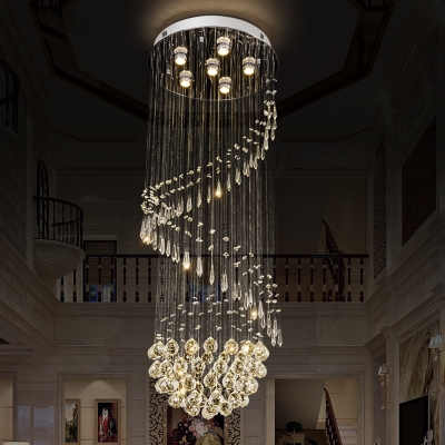 Spiral Clear Crystal Cluster Pendant Contemporary 6 Bulbs Silver LED Hanging Ceiling Light for Stair