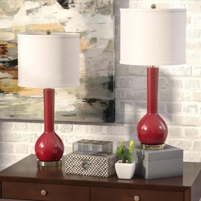 Straight Sided Shade Nightstand Lamp Nordic Fabric 1 Head Reading Book Light in White/Red