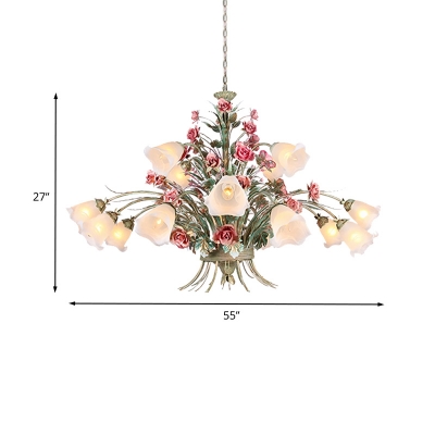 Traditional Floral Hanging Chandelier 16 Lights Metal Suspension Lamp in Green for Living Room