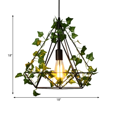 Vintage Diamond Plant Suspension Lamp 1 Head Metal LED Pendant Light in Black for Restaurant, 10