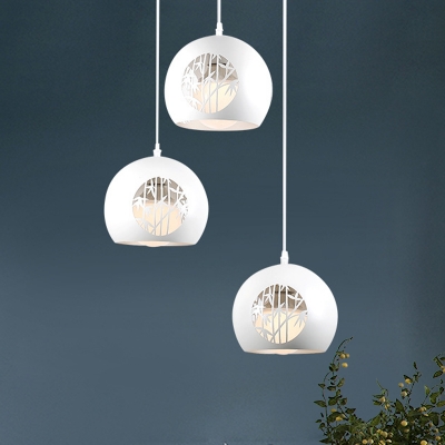 White Globe Cluster Pendant Light Minimalist 3 Lights Iron Ceiling Hang Fixture with Hollow-Out Bamboo Pattern