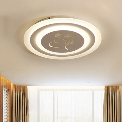 White Round Flushmount Lighting Modern LED Acrylic Flush Mounted Lamp with Rose Pattern