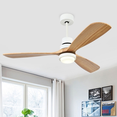 Wood White Hanging Fan Light 3 Blades LED Modern Semi Flush Mount Lamp for Living Room, 52
