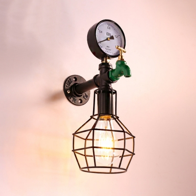 1-Bulb Sconce Lighting Rustic Globe Cage Metal Wall Lamp Fixture in Black with Faucet and Gauge Deco