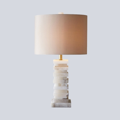 1 Head Cylindrical Desk Lamp Modernism Fabric Table Light in White with Marble Base