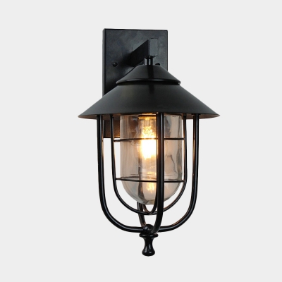 1-Head Iron Wall Light Industrial Black Caged Outdoor Wall Mount Sconce with Clear Glass Shade