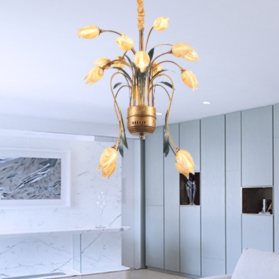 16/25 Heads Chandelier Lighting American Garden Tulip Metal LED Pendant Ceiling Light in Brass for Living Room