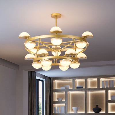 24 Bulbs Living Room Hanging Light Modernist Gold Chandelier with Semicircle White Glass Shade