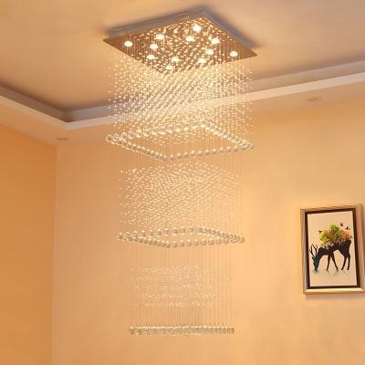 Beveled Crystal Square Cluster Pendant Modern 13 Bulbs Silver LED Hanging Light for Living Room