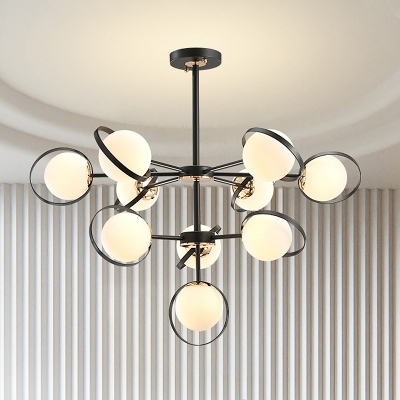 Black 3-Layer Ball Chandelier Lighting Contemporary 10 Heads Frosted White Glass Pendant with Iron Ring
