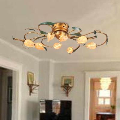 Brass 8/15 Lights Ceiling Flush Countryside Metal Tulip LED Semi Mount Lighting for Living Room