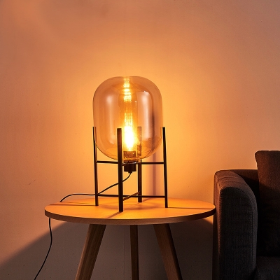 Contemporary 1 Head Task Lighting Black Oblong Nightstand Lamp with Cognac/Smoke Gray Glass Shade