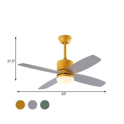 Cylinder Metal Fan Light Fixture Modernist Green/Grey/Yellow LED 4-Blade Semi Flush Ceiling Lamp for Bedroom, 42