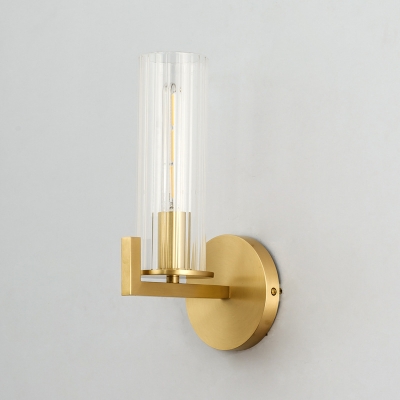 Cylindrical Wall Light Fixture Modernist Clear Glass 1 Light Brass Wall Mount Sconce