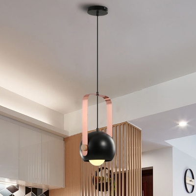 Dome Bedroom Pendant Lighting Iron 1 Light Modernist Hanging Ceiling Lamp in Black with Pink Handle