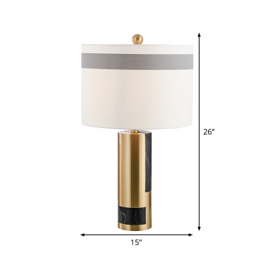 Fabric Barrel Table Lamp Modernism 1 Bulb White Desk Light with Brass Metal Base