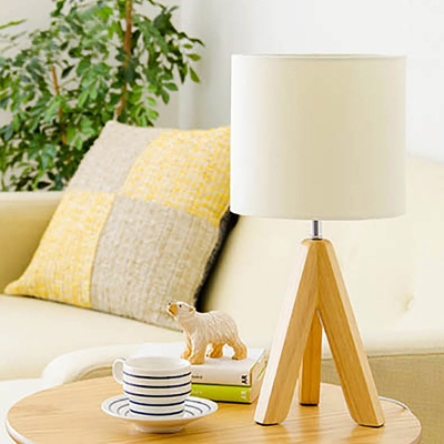 Fabric Cylindrical Table Light Modern 1 Bulb White Small Desk Lamp with Wood Tripod