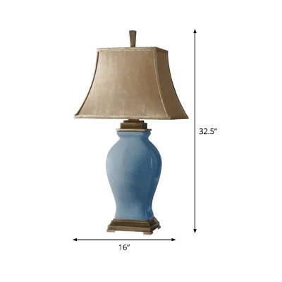 Flared Fabric Desk Light Modernism 1 Head Blue Night Table Lamp with Jar Ceramic Base