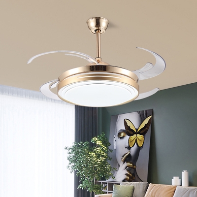 Gold LED Semi Flush Light Modern Metallic Round Hanging Ceiling Fan Lamp with 4 Clear Blades for Living Room, 42
