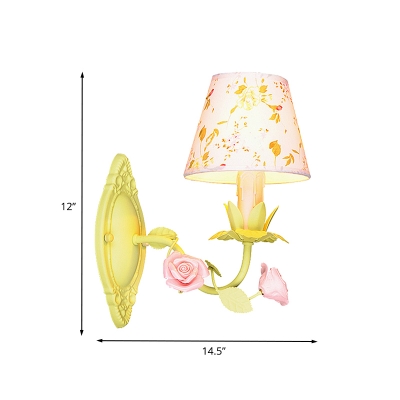 Green Conical Wall Sconce Light Pastoral Metal 1 Bulb Bedroom Flower Wall Mount Lamp with Fabric Shade