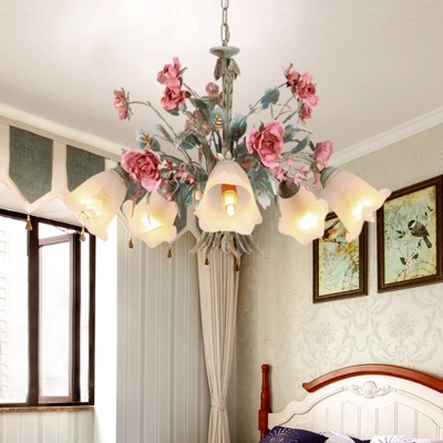 Green Floral Chandelier Lamp Pastoral Metal 5/8 Heads Living Room Ceiling Pendant Light