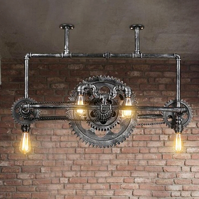 Industrial Water Pipe Island Pendant Light 6 Heads Iron Hanging Ceiling Lamp in Black with Gear Deco
