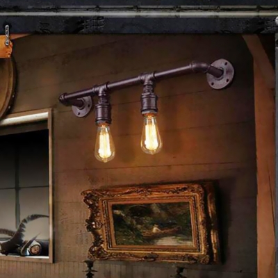 Linear Pipe Bar Sconce Lighting Rustic Iron 2/4 Lights Black Finish Wall-Mount Lamp