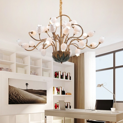 Metal Blossom Chandelier Light Fixture Pastoral Style 36 Lights Bedroom LED Ceiling Pendant in Brass