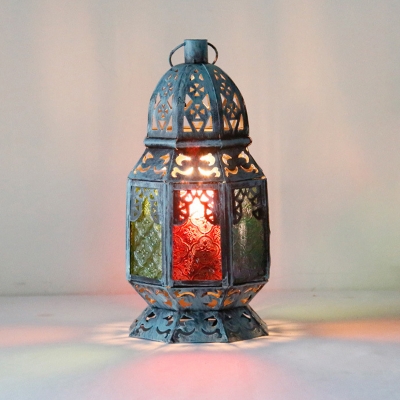 Metal Blue Night Table Lamp Lantern 1 Head Art Deco Nightstand Lighting for Bedroom