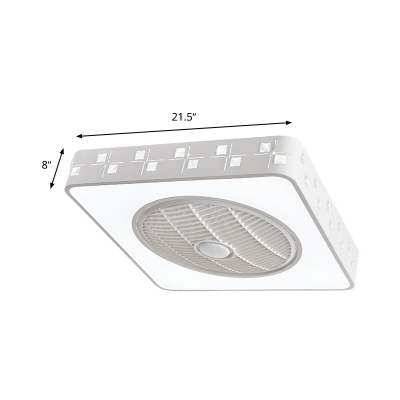 Metal White Pendant Fan Light Square LED Simple Semi Flush Mount Lighting Fixture with 3 Blades for Living Room, 21.5