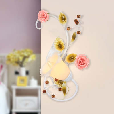 Metal White Sconce Lamp Blossom 1 Head Pastoral Wall Light Fixture for Bedroom, Left/Right