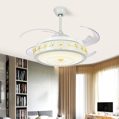 Metallic Drum Semi Flush Lighting Contemporary Living Room LED Pendant Fan Lamp in White with 4 Clear Blades, 42