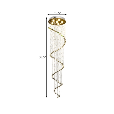 Modern 6 Heads Suspension Lighting Gold Spiral LED Multi Light Pendant with Beveled Crystal Shade