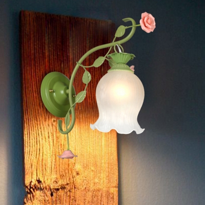 Opal Glass Green Wall Light Flower 1 Head Country Style Wall Mount Lamp for Bedroom