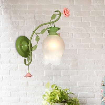 Opal Glass Green Wall Light Flower 1 Head Country Style Wall Mount Lamp for Bedroom