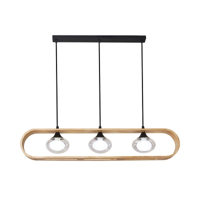 Oval Cluster Pendant Lighting Contemporary Clear Glass 3 Lights Dining Room Hanging Lamp Kit with Wood Elongated Rectangle Frame