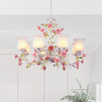 Pastoral Rose Chandelier Lighting Fixture 8 Heads White Glass Pendant Ceiling Light for Living Room