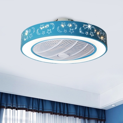 Pink/Blue LED Ceiling Fan Light Kids Acrylic Drum Semi Flush Mounted Lamp with 7 Clear Blades, 20.5