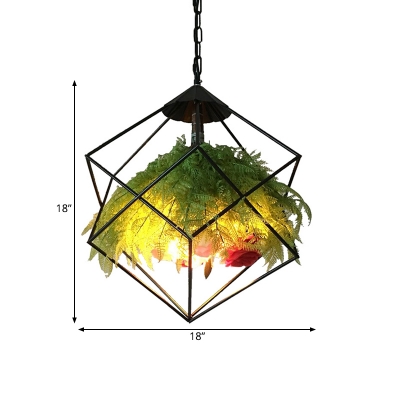 Retro Geometric Plant Pendant Light 1 Bulb Metal LED Ceiling Suspension Lamp in Black, 18