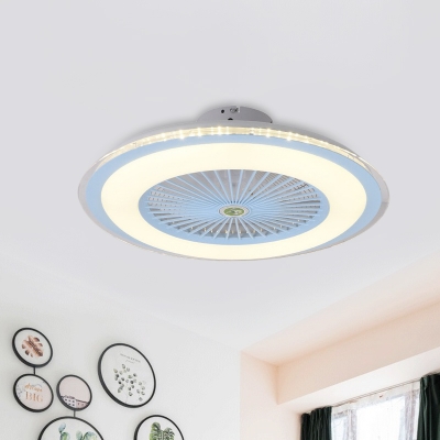 Round Living Room Semi Flushmount Kids Acrylic Pink/Blue/Gold LED Ceiling Fan Lighting with 5 Clear Blades, 23.5