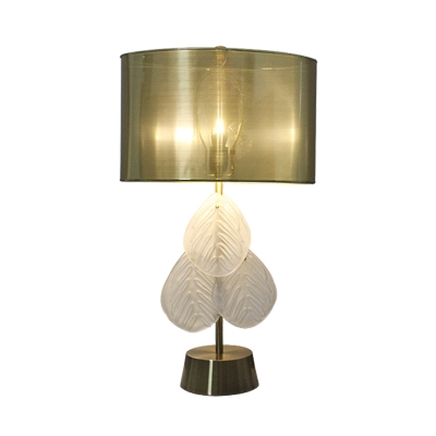 Shaded Desk Light Modernism Fabric 1 Head Nightstand Lamp in Gold with Crystal Leaf