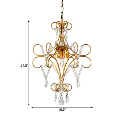 Traditional Candle Suspension Light with Crystal Bead Metal 3 Lights Gold Chandelier for Cafe Study Room