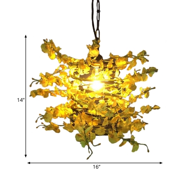 Vintage Plant Suspension Lamp 1 Head Metal Pendant Light in Yellow and Green for Restaurant