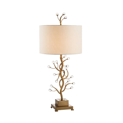 1 Head Bedroom Table Light Modern Gold Small Desk Lamp with Cylinder Fabric Shade