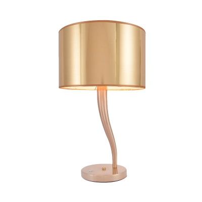 1 Head Drum Table Light Modernist Fabric Small Desk Lamp in Gold with Metal Round Base